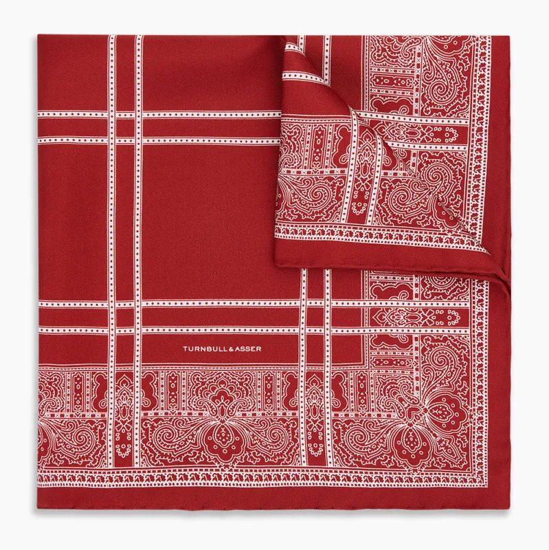 Red Paisley Bandana Patterned Silk Pocket Square sold by Turnbull & Asser