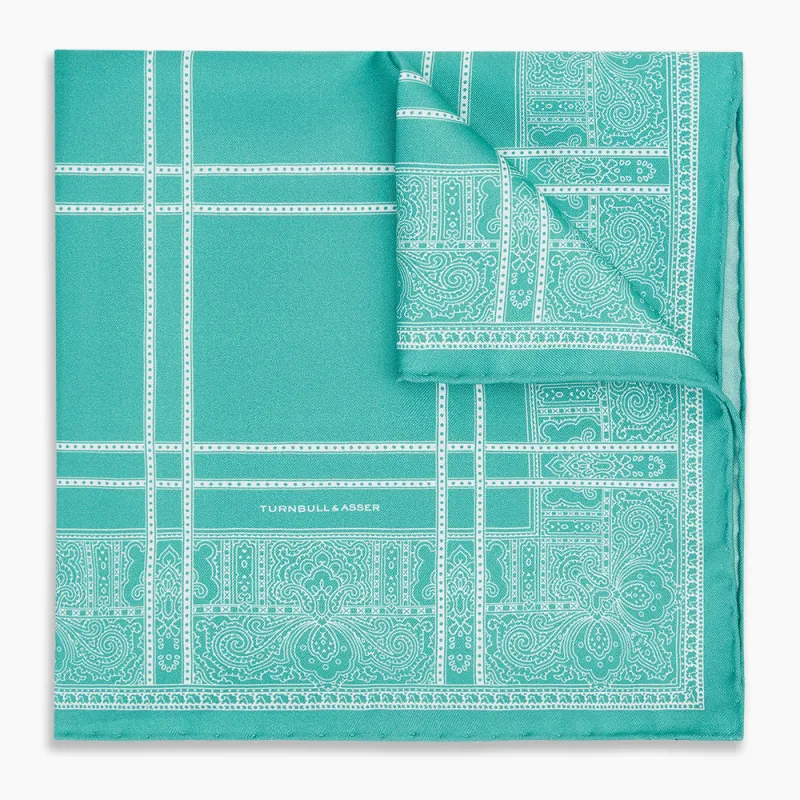 Turquoise Paisley Bandana Patterned Silk Pocket Square sold by Turnbull & Asser