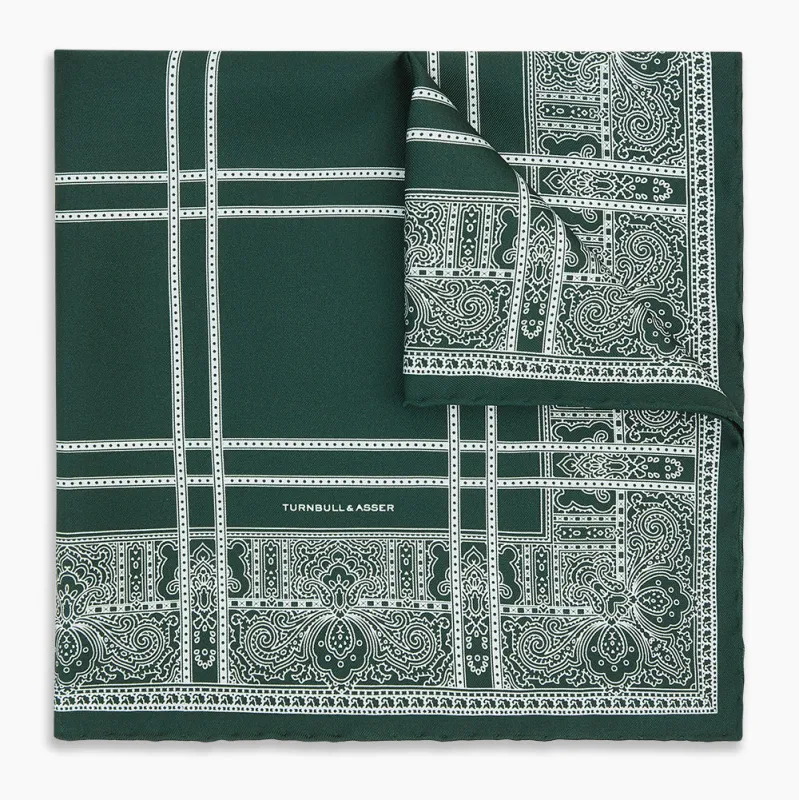 Forest Green Paisley Bandana Patterned Silk Pocket Square sold by Turnbull & Asser