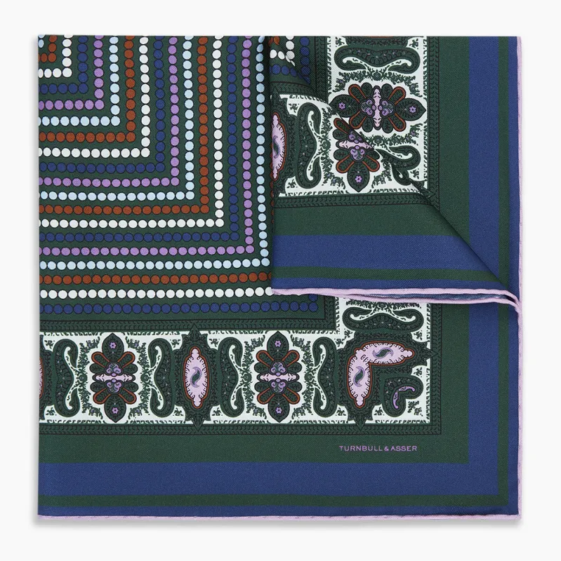Forest Green Dots and Paisley Silk Pocket Square sold by Turnbull & Asser
