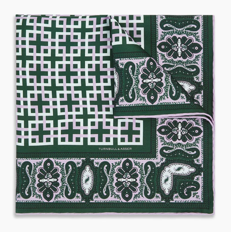 Forest Green Square-Patterned and Paisley Patterned Silk Pocket Square sold by Turnbull & Asser
