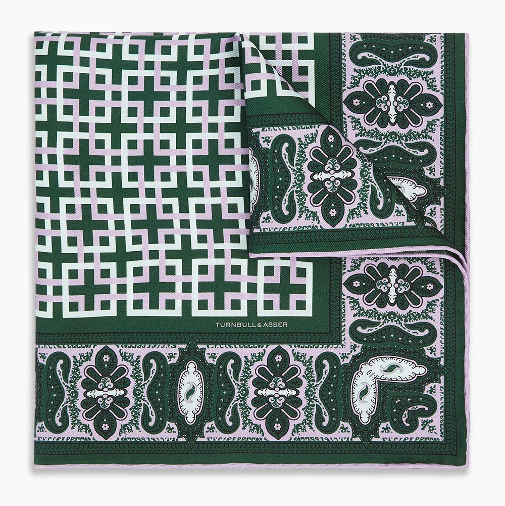 Forest Green Square-Patterned and Paisley Patterned Silk Pocket Square sold by Turnbull & Asser