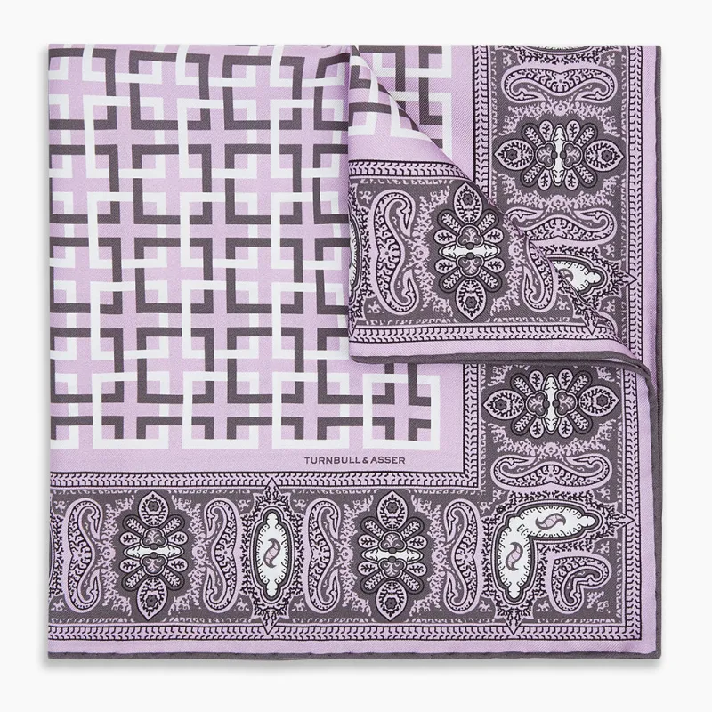 Lilac Square-Patterned and Paisley Patterned Silk Pocket Square sold by Turnbull & Asser