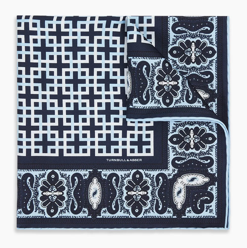 Navy Square-Patterned and Paisley Patterned Silk Pocket Square sold by Turnbull & Asser