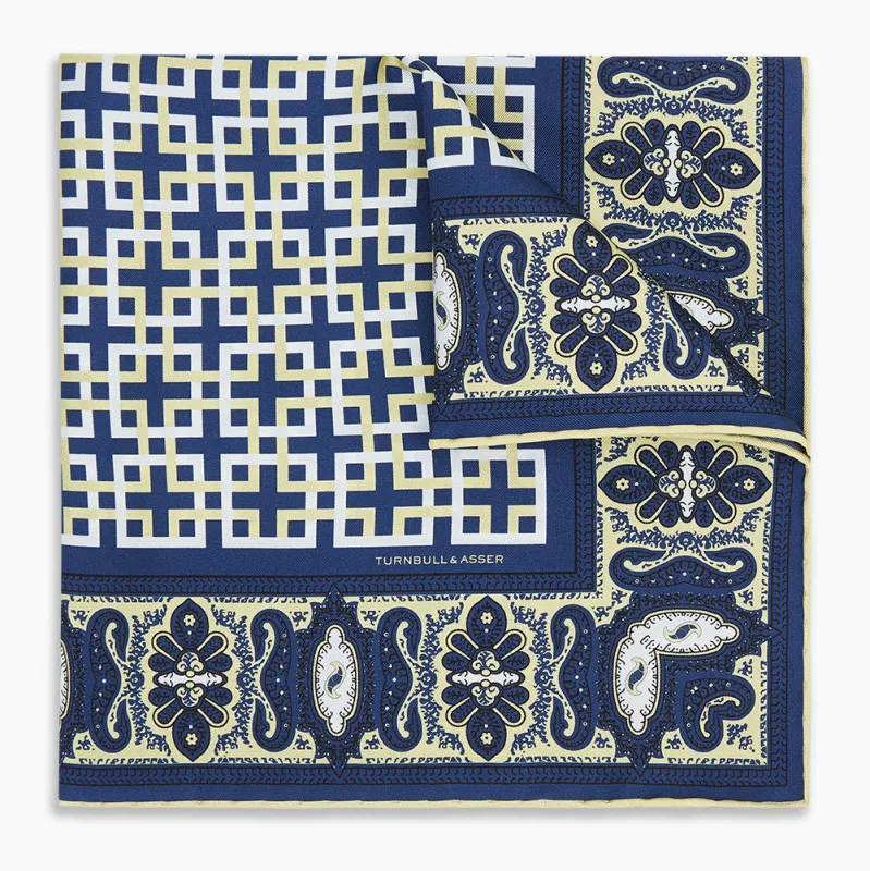 Azzurro Square-Patterned and Paisley Patterned Silk Pocket Square sold by Turnbull & Asser