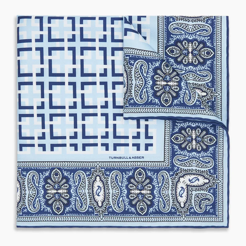 Blue Square-Patterned and Paisley Patterned Silk Pocket Square sold by Turnbull & Asser