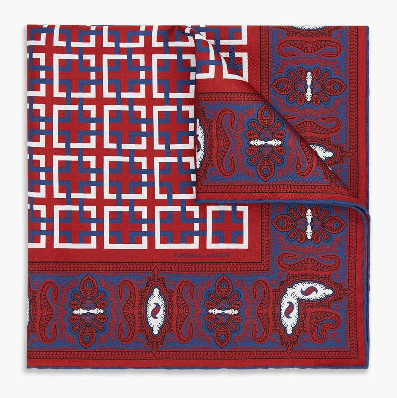 Red Square-Patterned and Paisley Patterned Silk Pocket Square sold by Turnbull & Asser