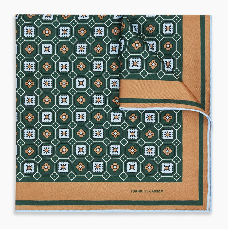 Forest Green Floral Tile Silk Pocket Square sold by Turnbull & Asser