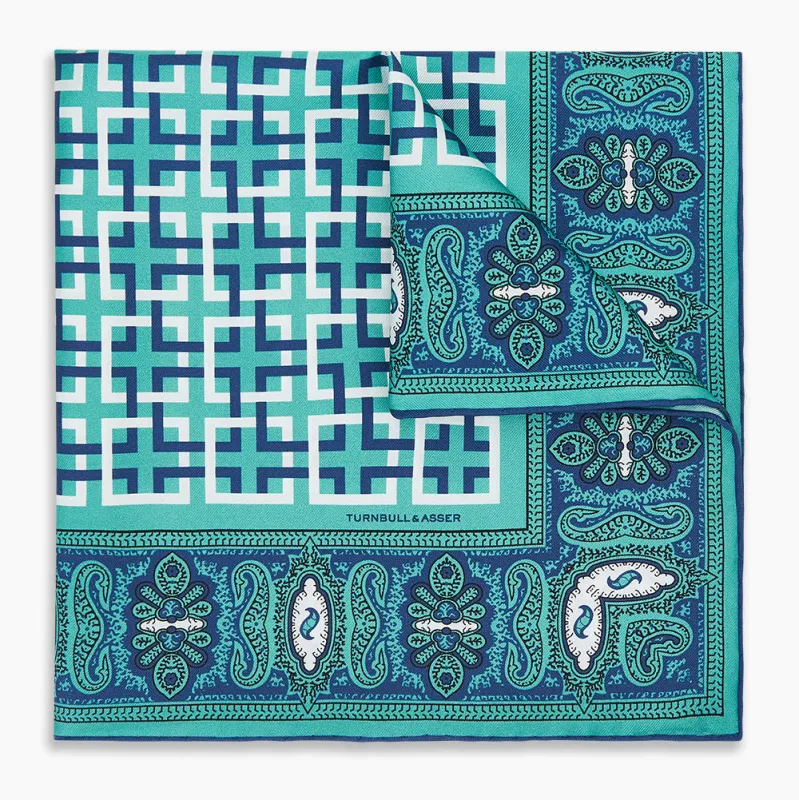 Turquoise Square-Patterned and Paisley Silk Pocket Square sold by Turnbull & Asser