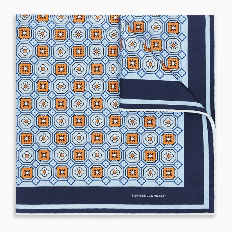 Blue Floral Tile Silk Pocket Square sold by Turnbull & Asser