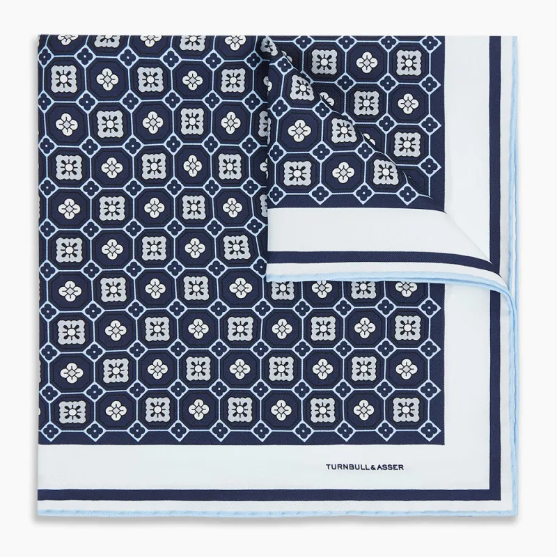 Navy Floral Tile Silk Pocket Square sold by Turnbull & Asser
