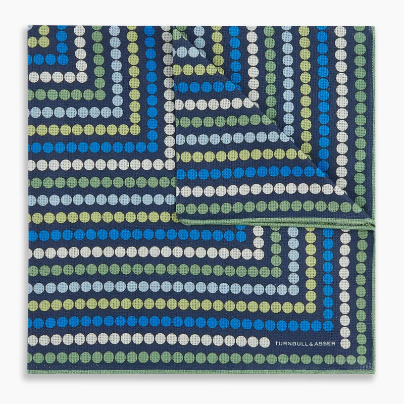 Oxford Blue Dots and Floral Tile Double-Sided Silk Pocket Square sold by Turnbull & Asser