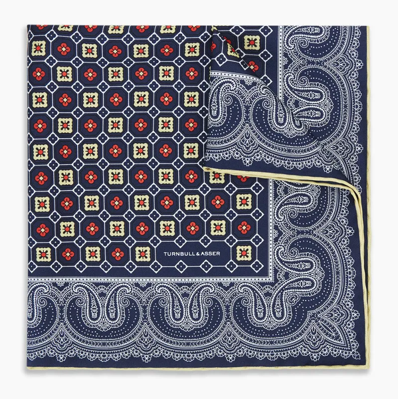 Dark Navy Floral Tile and Paisley Silk Pocket Square sold by Turnbull & Asser