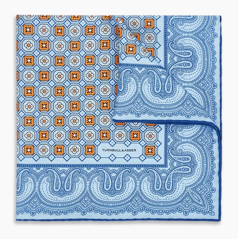 Blue Floral Tile and Paisley Silk Pocket Square sold by Turnbull & Asser