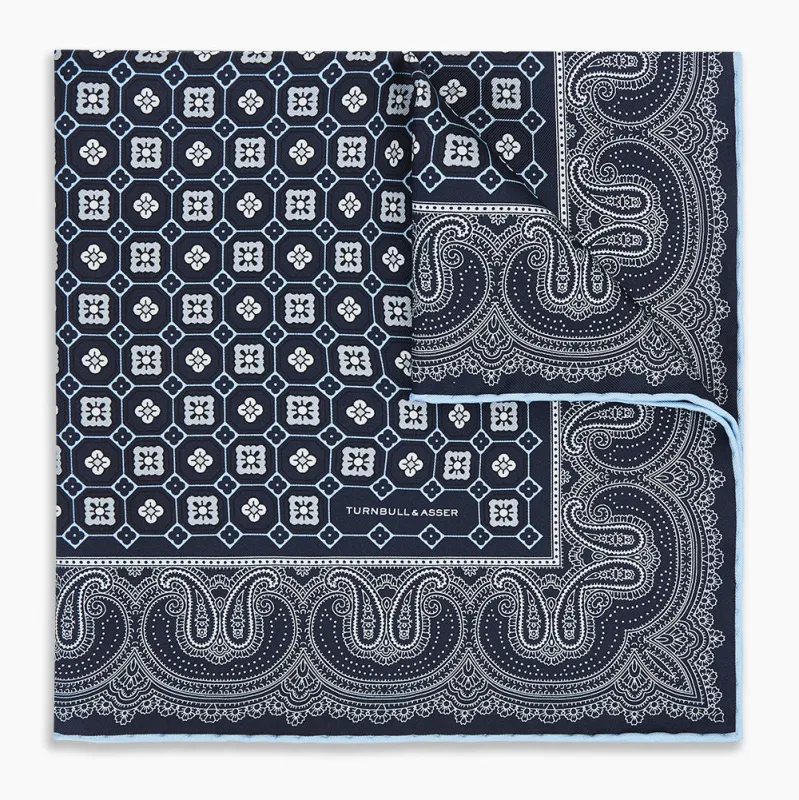 Navy Floral Tile and Paisley Silk Pocket Square sold by Turnbull & Asser