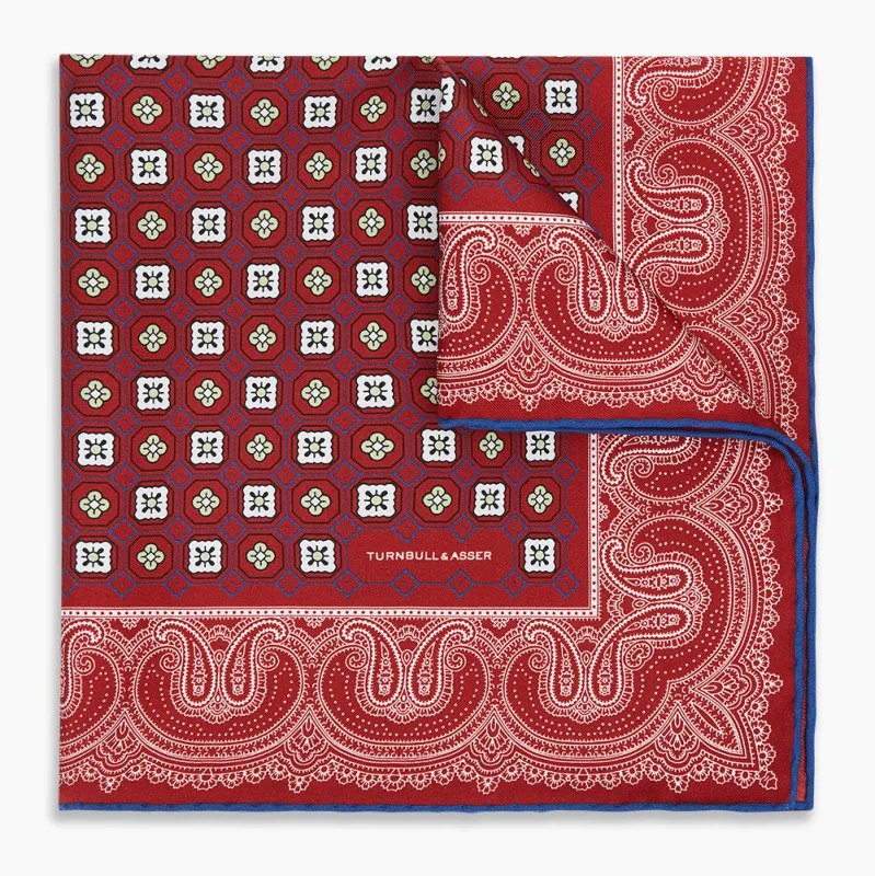 Red Floral Tile and Paisley Silk Pocket Square sold by Turnbull & Asser