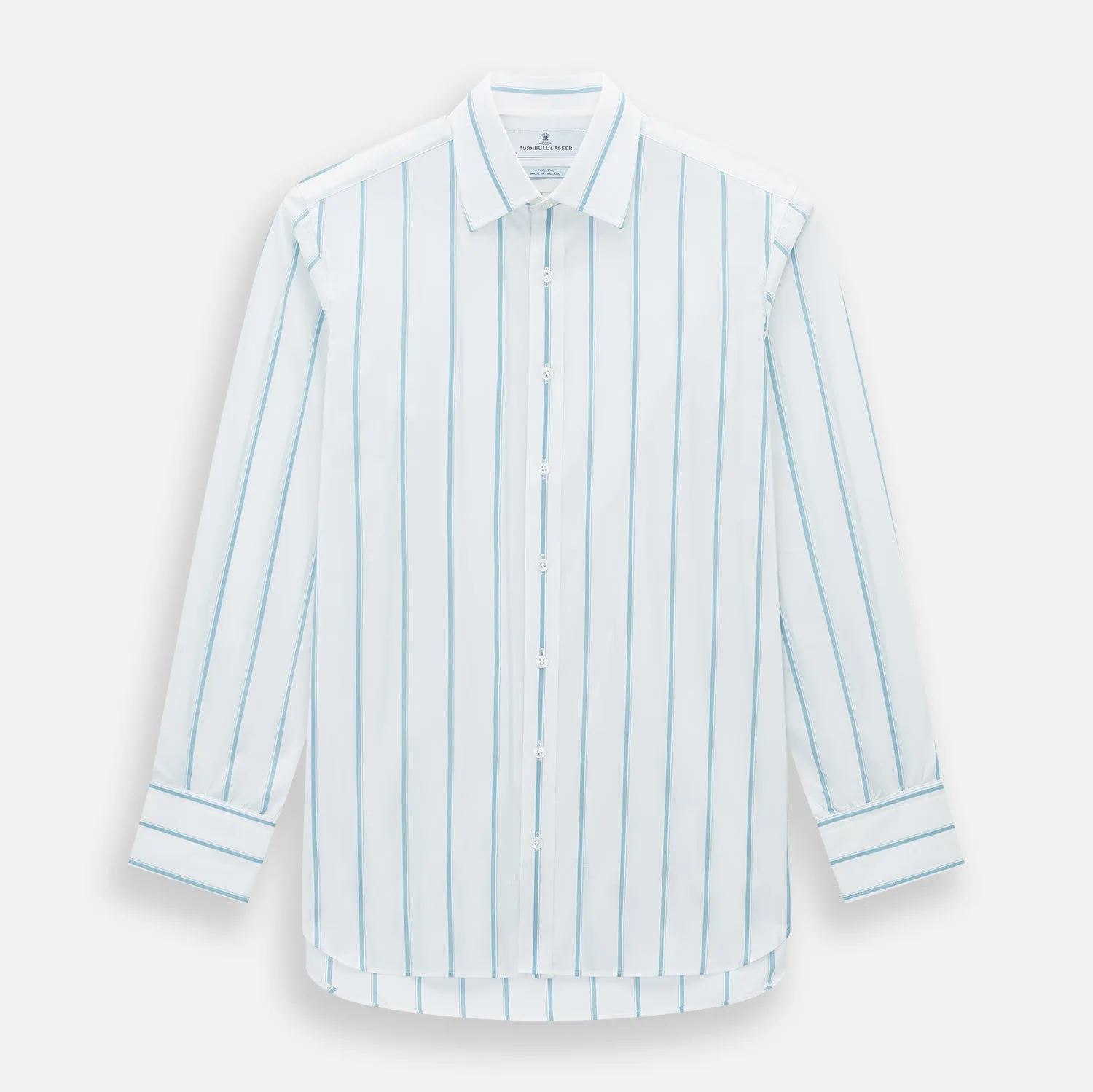 Turquoise Track Stripe Mayfair Shirt sold by Turnbull & Asser