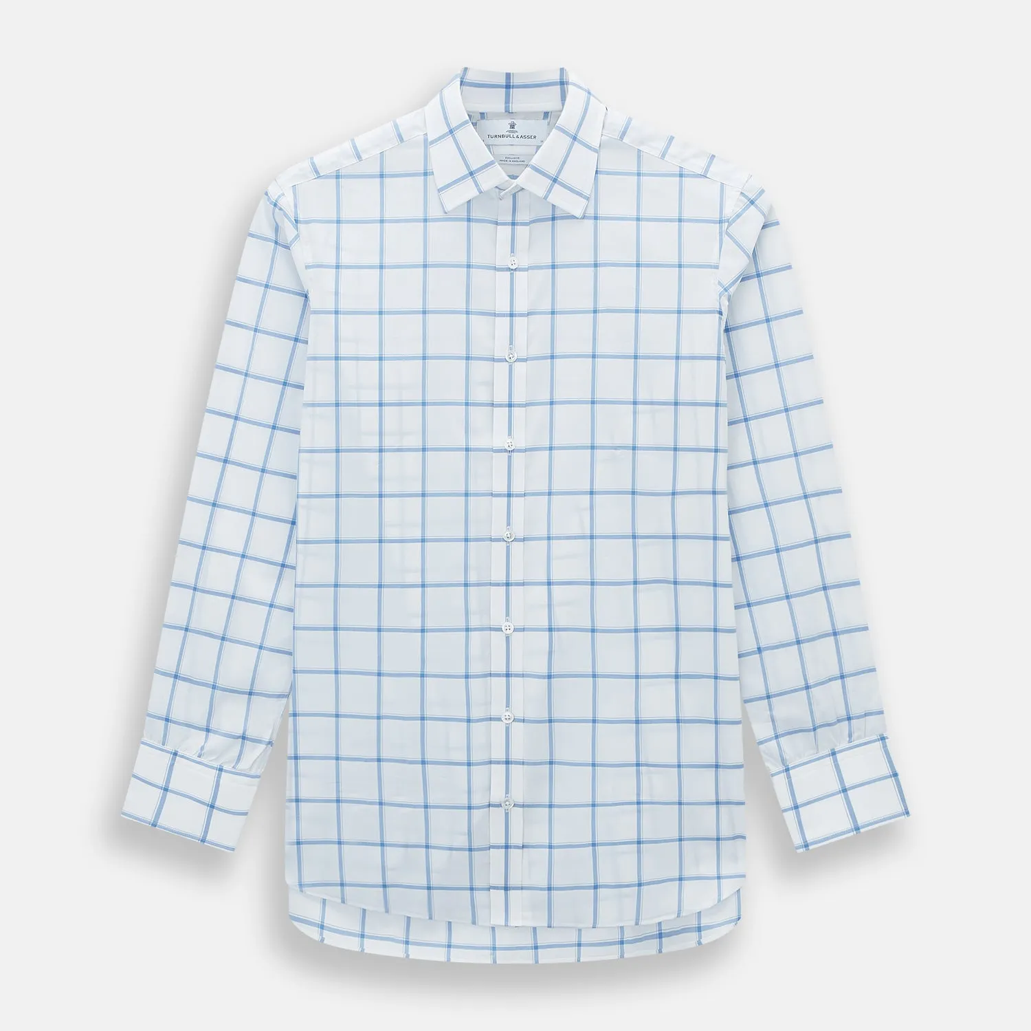 White with Colony Blue Grid Check Mayfair Shirt sold by Turnbull & Asser