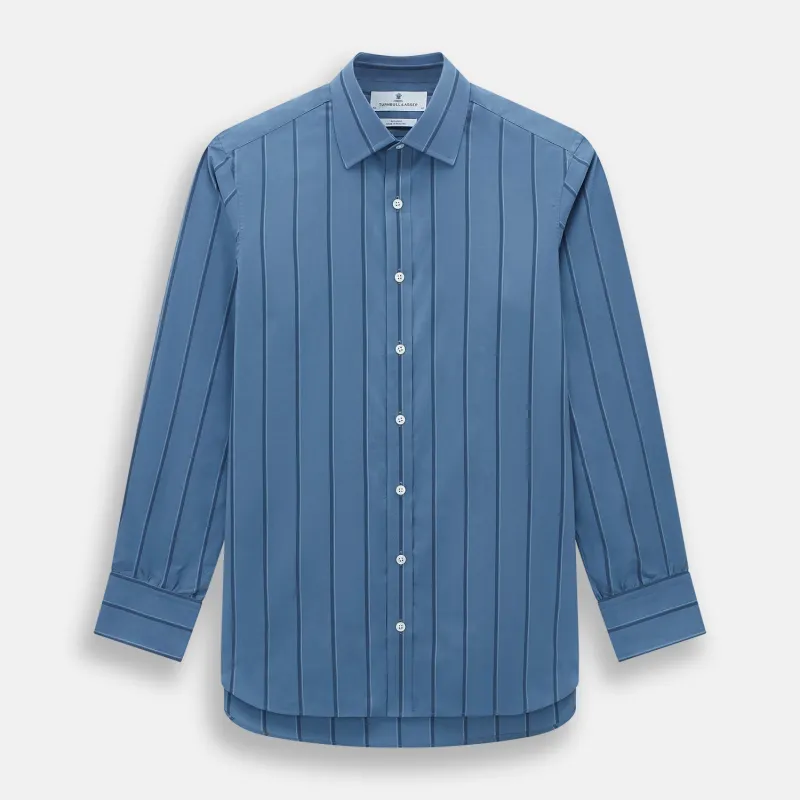 Steel Grey and Navy Track Stripe Mayfair Shirt sold by Turnbull & Asser
