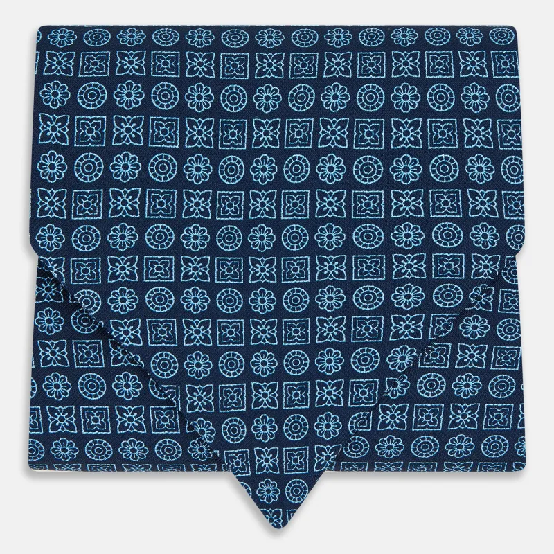 Dark Navy Floral Tile Pattern Printed Silk Cravat sold by Turnbull & Asser
