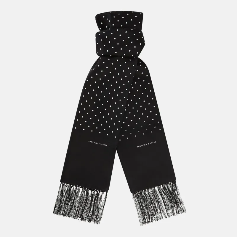 Black and White Spotted Silk Scarf with Fringes sold by Turnbull & Asser