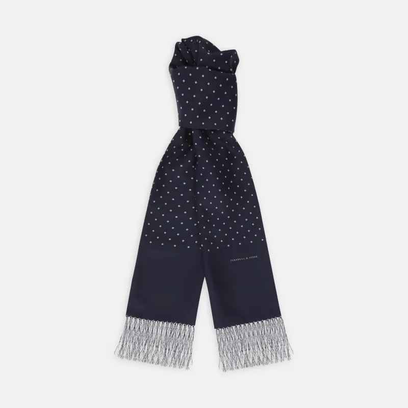 Navy and White Spotted Silk Scarf with Fringes sold by Turnbull & Asser