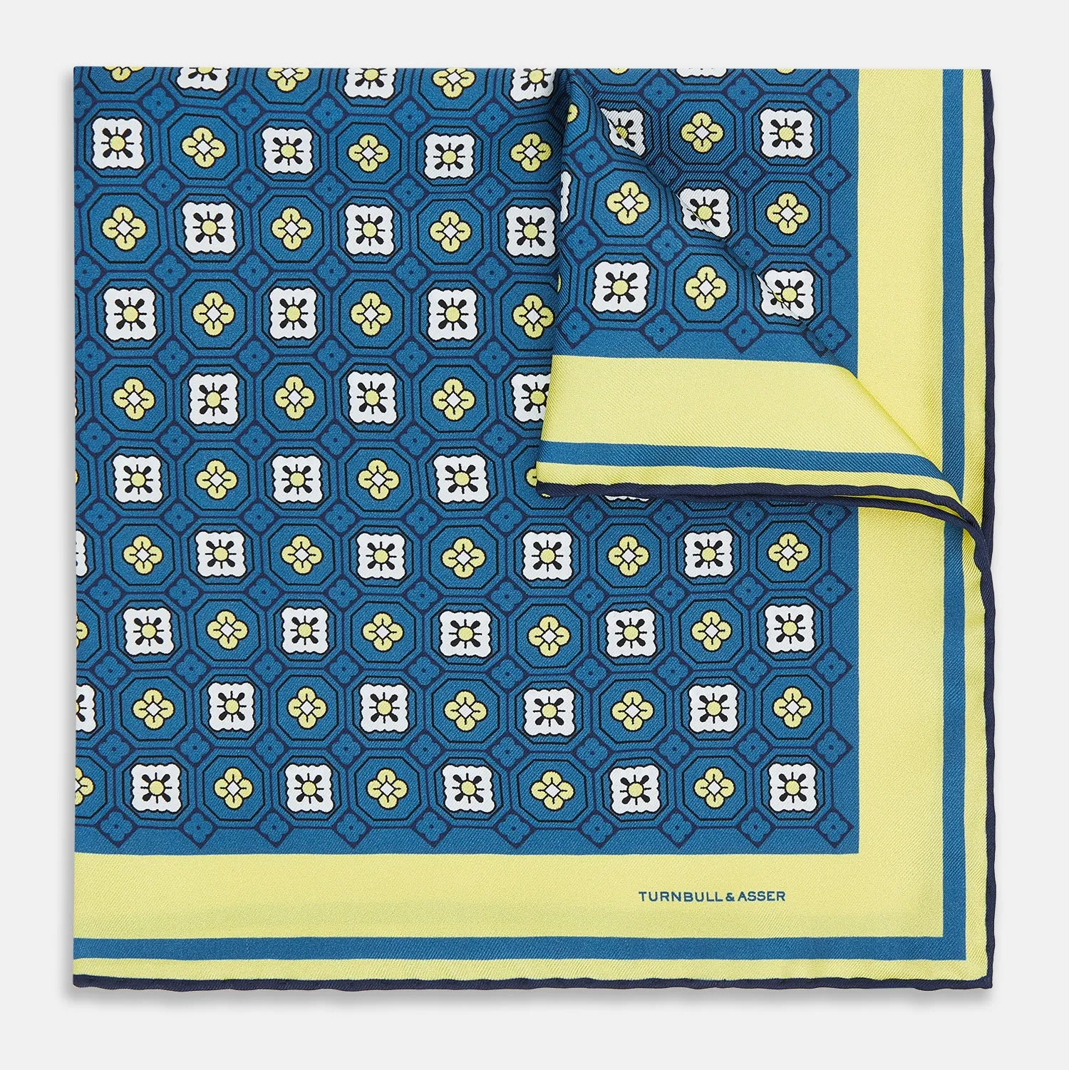 Azzurro Floral Tile Silk Pocket Square sold by Turnbull & Asser