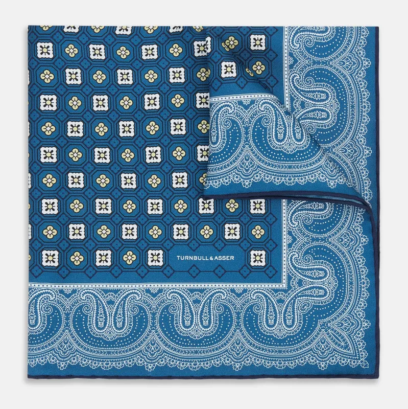 Azzurro Floral Tile and Paisley Silk Pocket Square sold by Turnbull & Asser