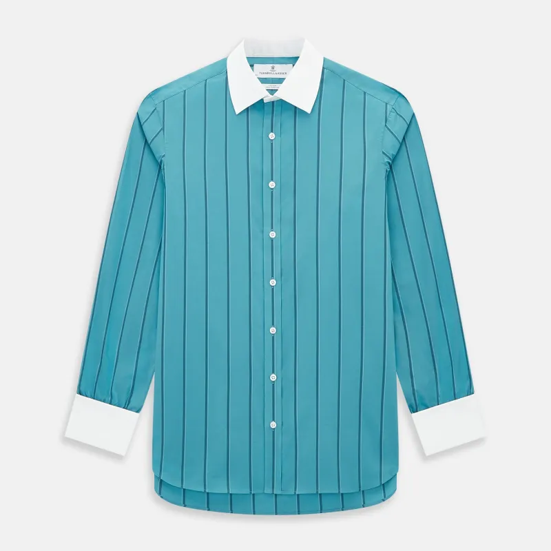 Turquoise Track Stripe Shirt with Contrast T&A Collar and Cuffs sold by Turnbull & Asser