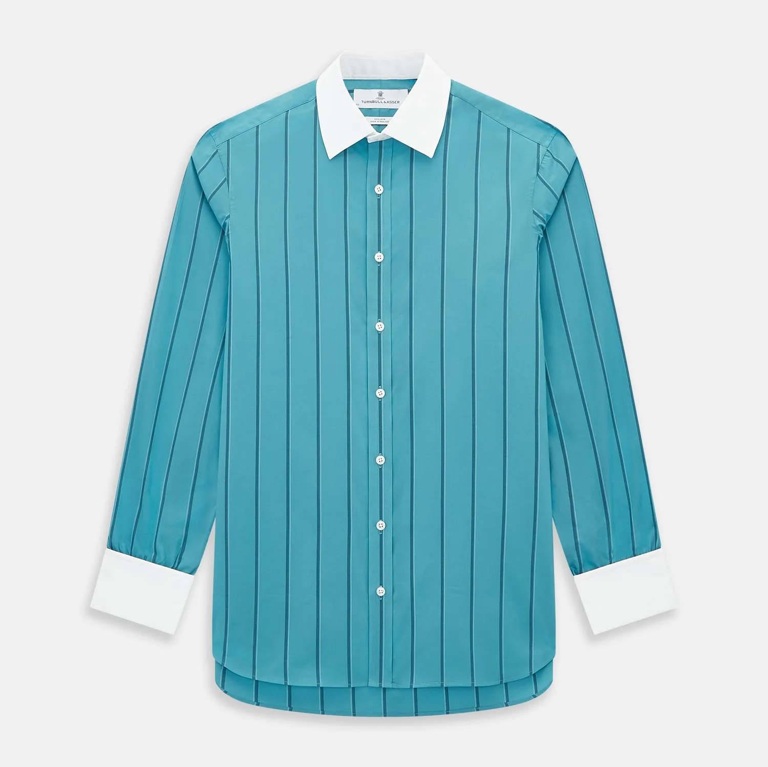 Turquoise Track Stripe Shirt with Contrast T&A Collar and Cuffs sold by Turnbull & Asser