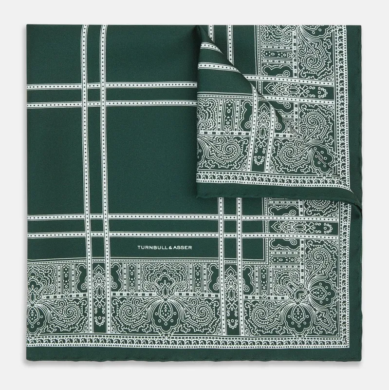 Forest Green Paisley Bandana Patterned Silk Pocket Square sold by Turnbull & Asser
