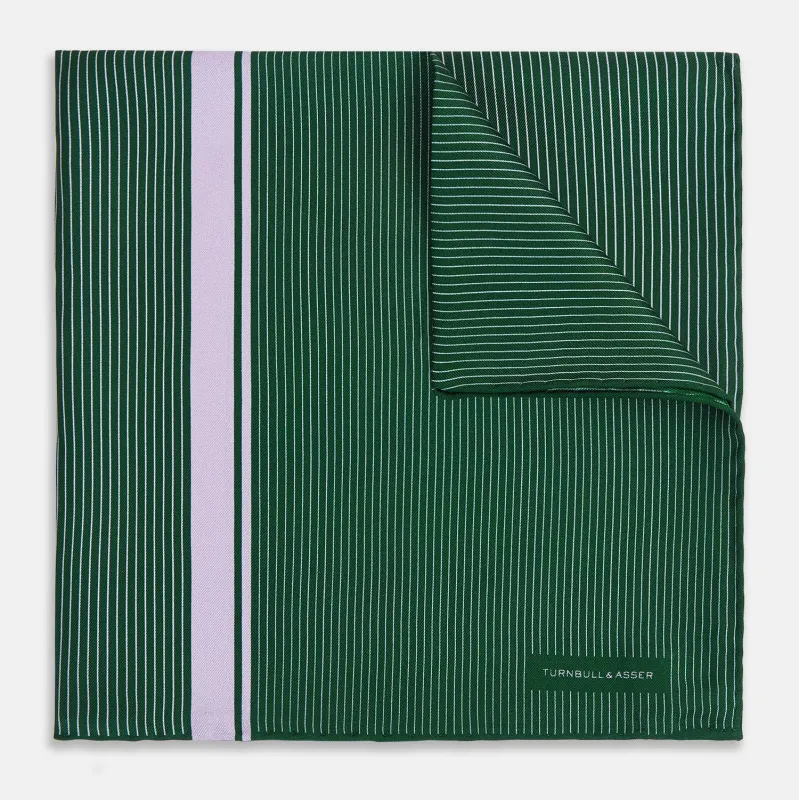 Forest Green and Lilac Stripe Silk Pocket Square sold by Turnbull & Asser
