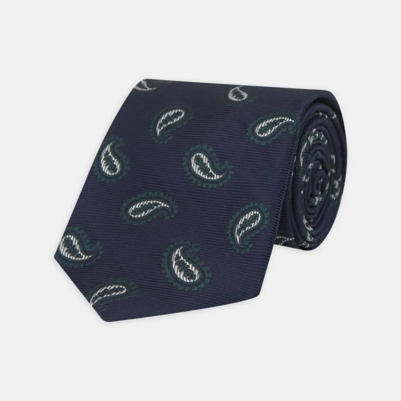 Navy and Forest Green Floating Paisley Silk Tie sold by Turnbull & Asser