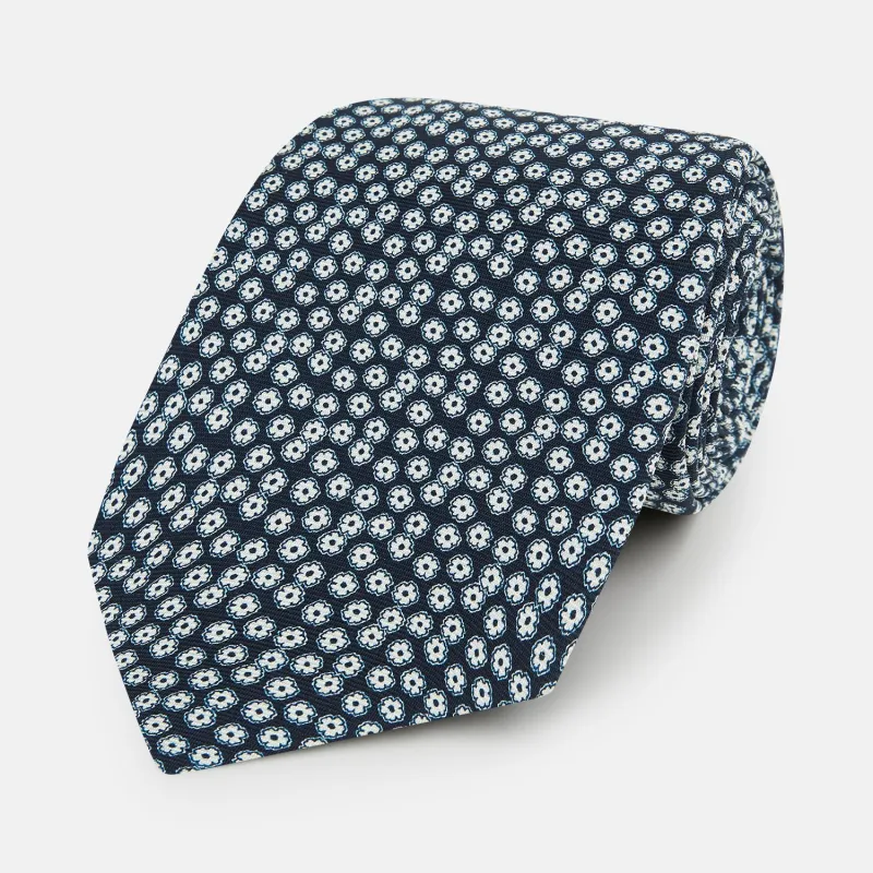 Navy Flower Patterned Printed Silk Tie made by Turnbull & Asser