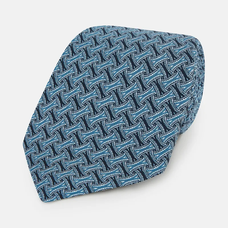 Pale Blue and Navy Weave-Patterned Printed Silk Tie made by Turnbull & Asser