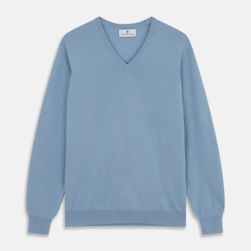 Pale Blue Cashmere Paden V-Neck Jumper sold by Turnbull & Asser