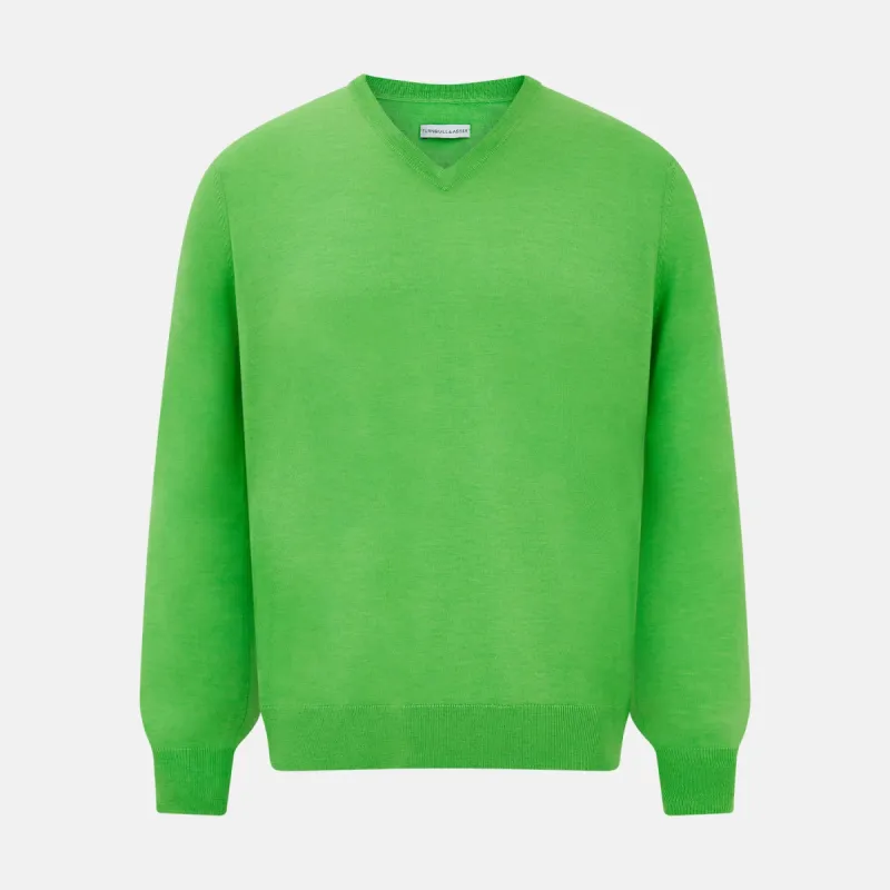 Lime Green Fine Merino V-Neck Jumper sold by Turnbull & Asser