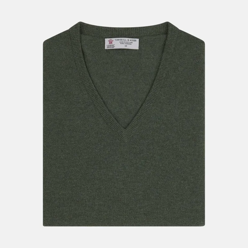 Green V-Neck Cashmere Slipover sold by Turnbull & Asser