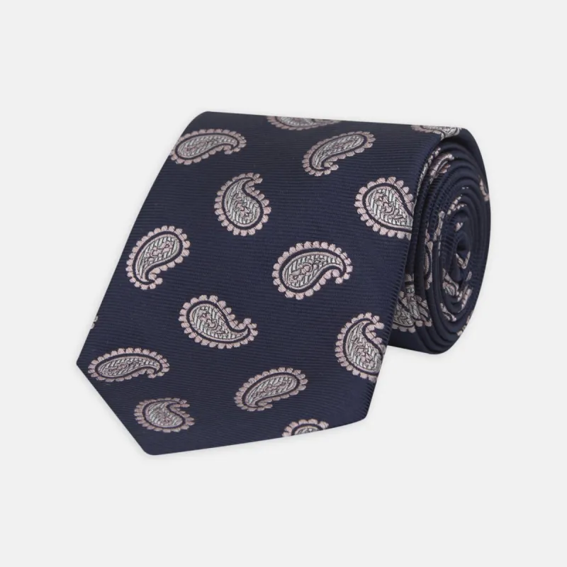Navy and Light Pink Floating Paisley Silk Tie sold by Turnbull & Asser