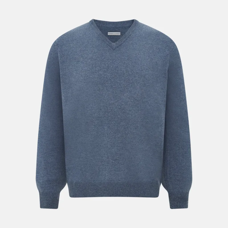 Blue Melange Cashmere V-neck Jumper sold by Turnbull & Asser