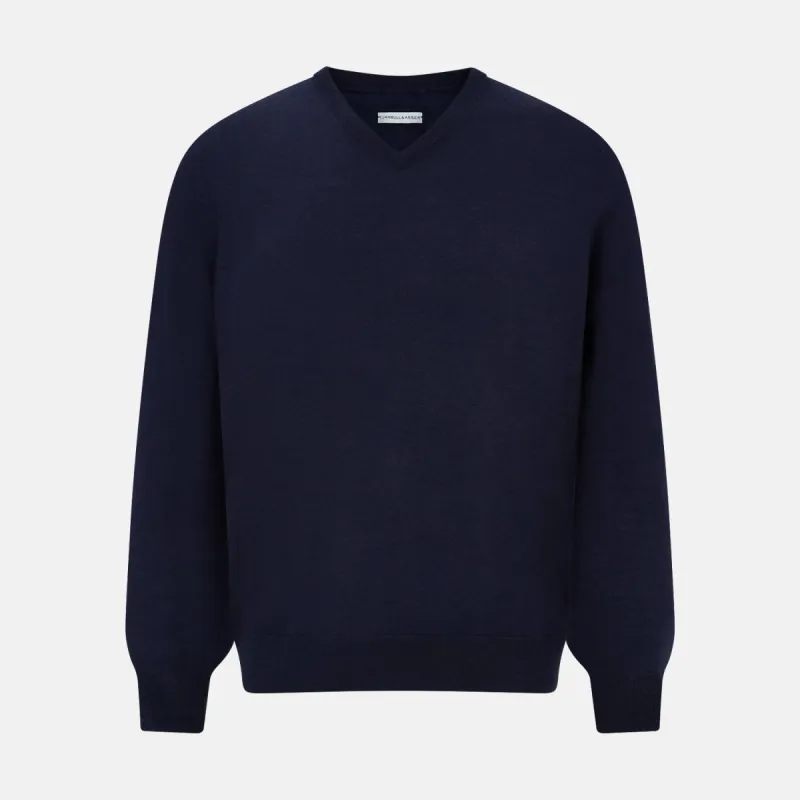 Navy Fine Merino V-Neck Jumper sold by Turnbull & Asser