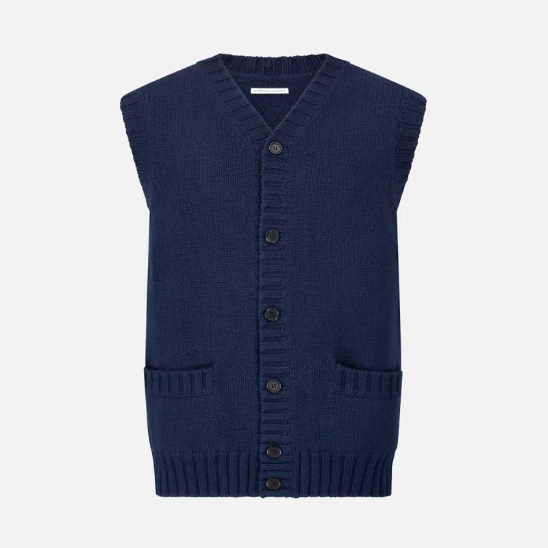 NAVY MERINO V-NECK SLEEVELESS CARDIGAN sold by Turnbull & Asser