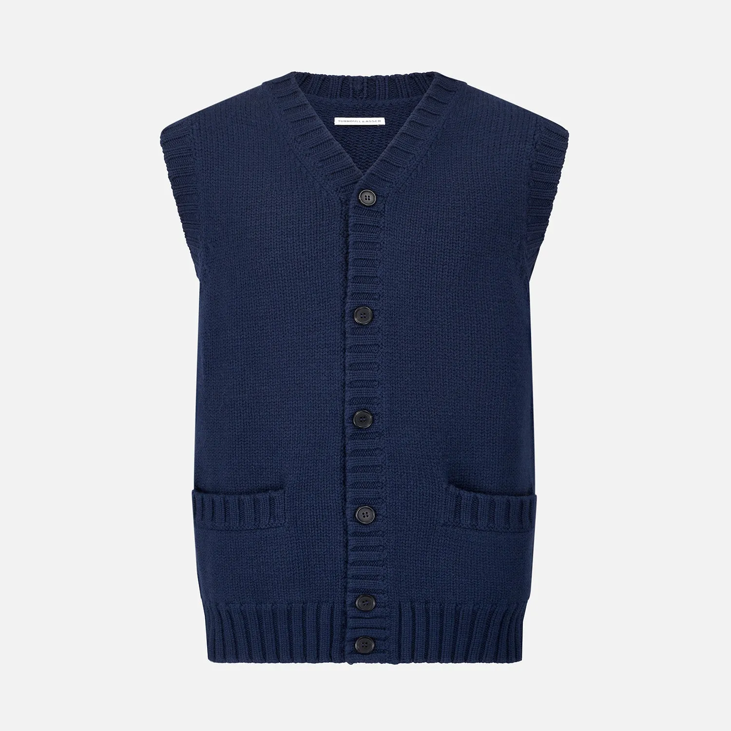 NAVY MERINO V-NECK SLEEVELESS CARDIGAN sold by Turnbull & Asser