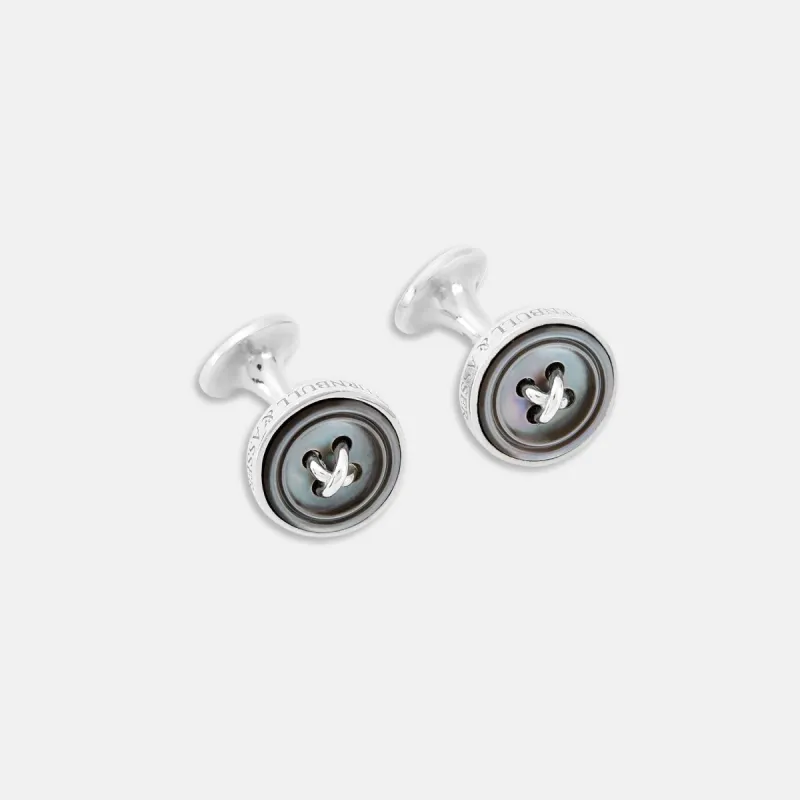 Monogrammed Smoke Sterling Silver Mother-of-Pearl Button Cufflinks sold by Turnbull & Asser