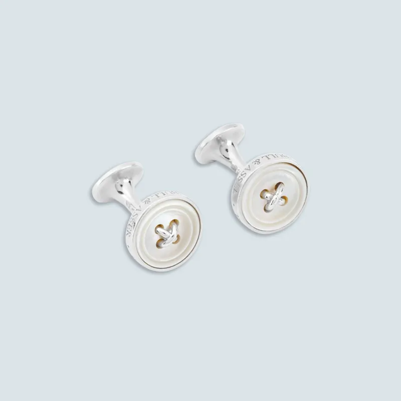 Monogrammed White Sterling Silver Mother-of-Pearl Button Cufflinks sold by Turnbull & Asser