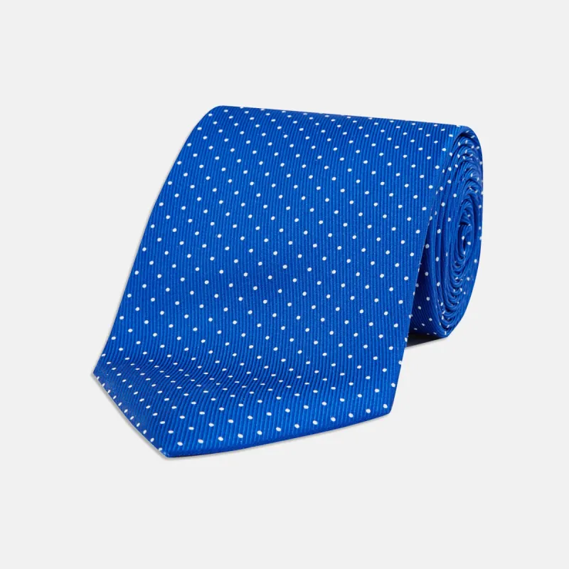 Royal Blue and White Small Spot Printed Silk Tie sold by Turnbull & Asser