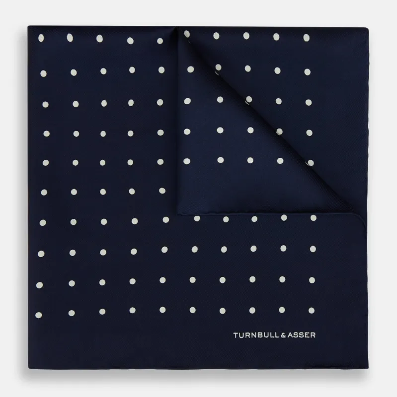 Navy and White Spot Silk Pocket Square sold by Turnbull & Asser