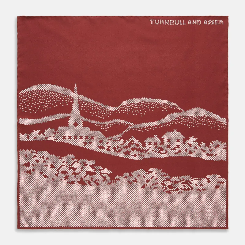 Burgundy Snowscape Motif Silk Pocket Square sold by Turnbull & Asser
