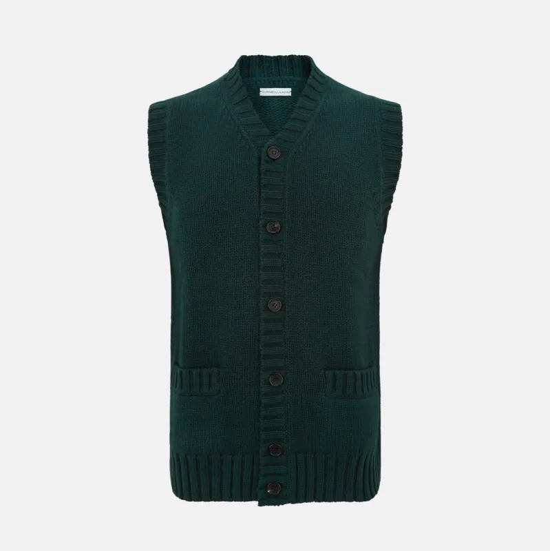 Forest Green Merino V-Neck Sleeveless Cardigan sold by Turnbull & Asser