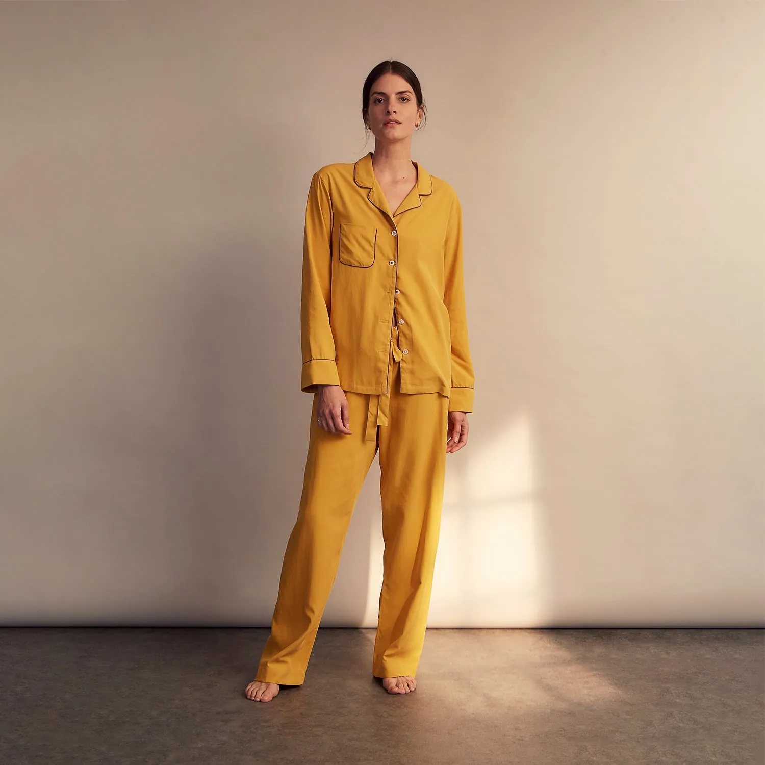 Women's Gold Silk Harriet Pyjamas Set sold by Turnbull & Asser